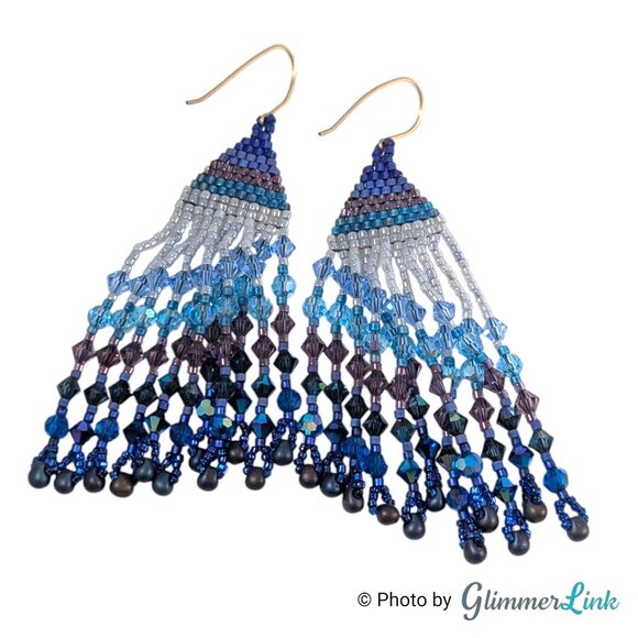 Beaded Fringe Ombre Blue Purple Boho Festival Seed Bead Statement Earrings - Picture 5 of 10